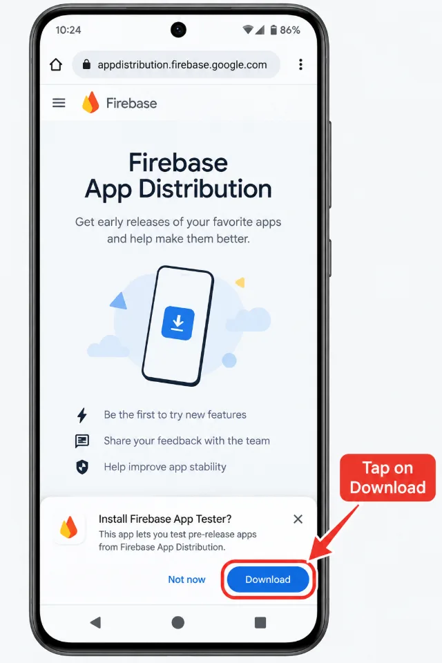 The Firebase App Distribution download page open in Chrome on an Android phone, with a large download button in the middle of the screen.