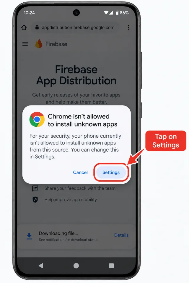An Android warning dialog saying Chrome isn't allowed to install unknown apps, with Cancel and Settings buttons.