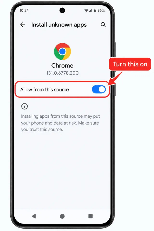 The Android settings screen for Chrome, showing the “Allow from this source” toggle switched on.