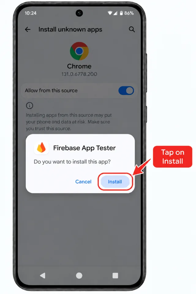 The Android install dialog for the Firebase App Tester app, with Cancel and Install buttons at the bottom.